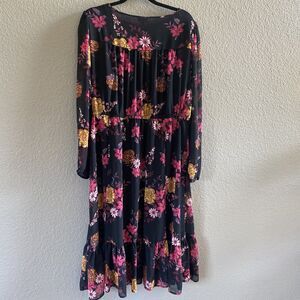 Torrid Dress  2X Black Red Long Sleeve Midi Chiffon Floral Boho Flowy
